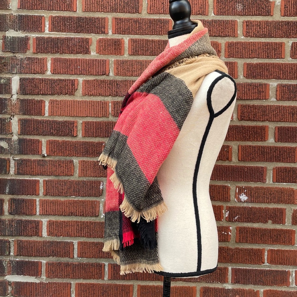 Oversized Plaid Fringe Warm Cozy Winter Fall Scarf Red Black Tan - Picture 2 of 7